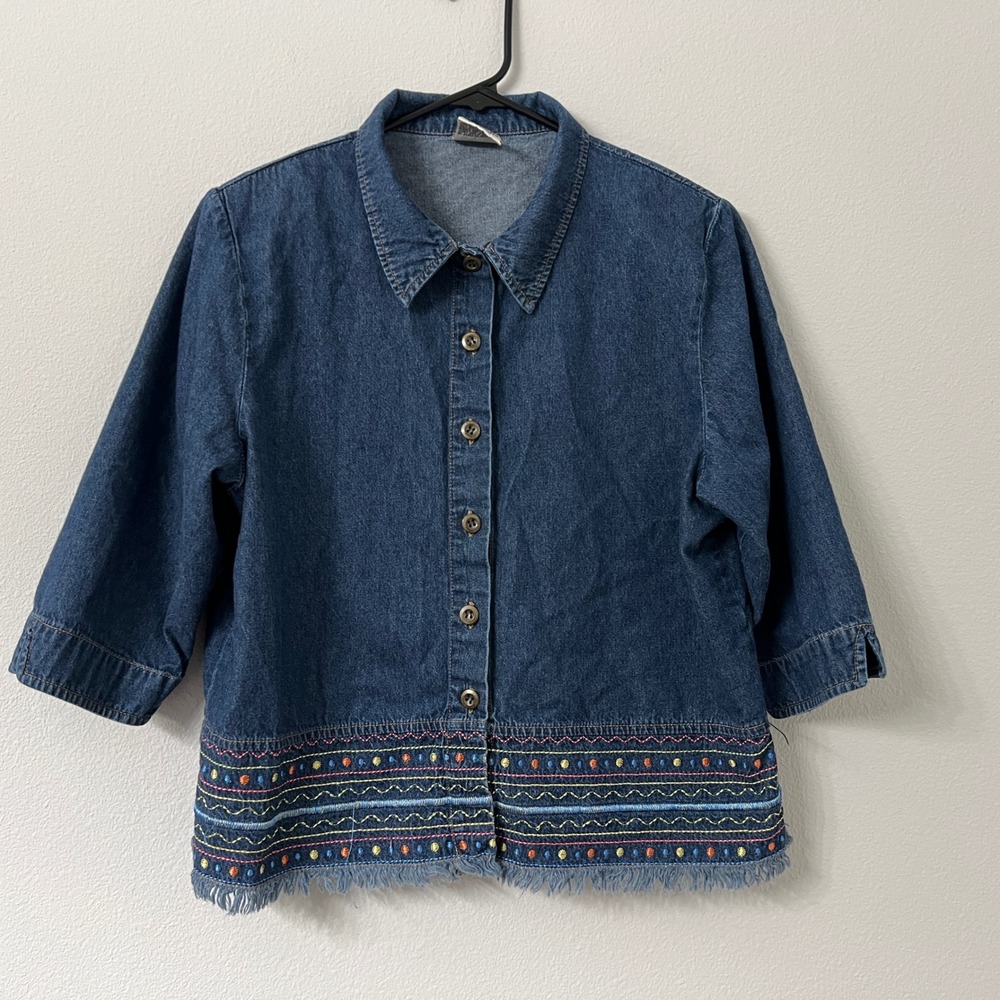 Allison Daley Womens 14P Blue Denim Jacket Embroidered Fringe Button Front